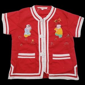 Vintage Plum Blossom 2T Unisex Asian Themed Top Red White Stitched Snap Shirt